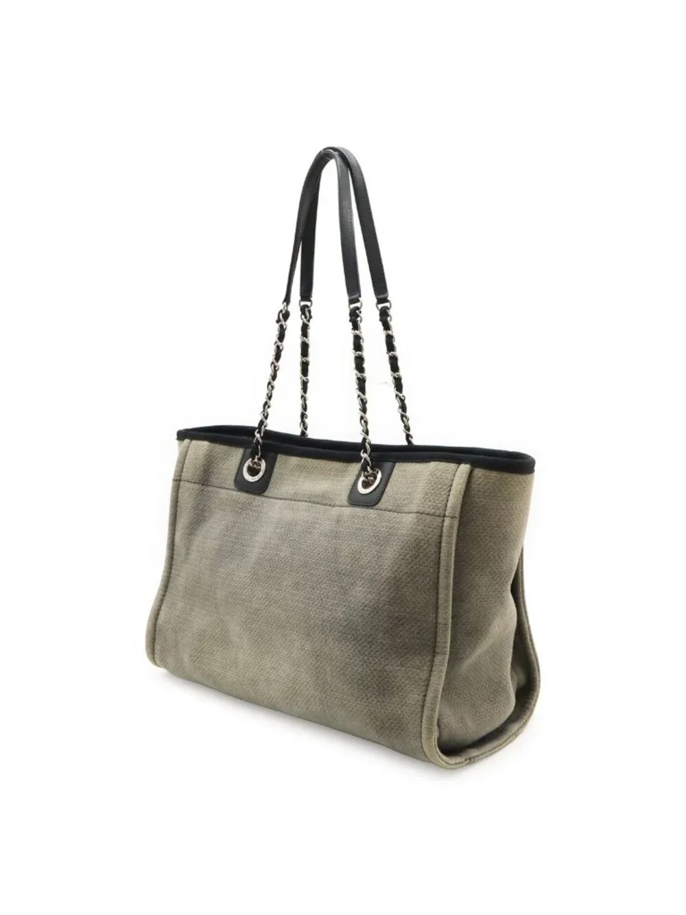 Chanel Deauville Line Tote MM Shoulder Bag Chain Canvas Leather Gray Black
